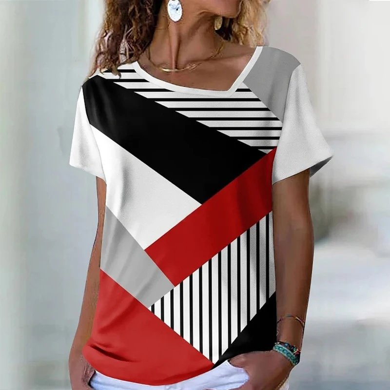 

Elegant Summer Printed V-neck Striped Blouse Fashion Commute Slim Pullover 2023 Streetwear Women Casual Short Sleeve Shirt Top