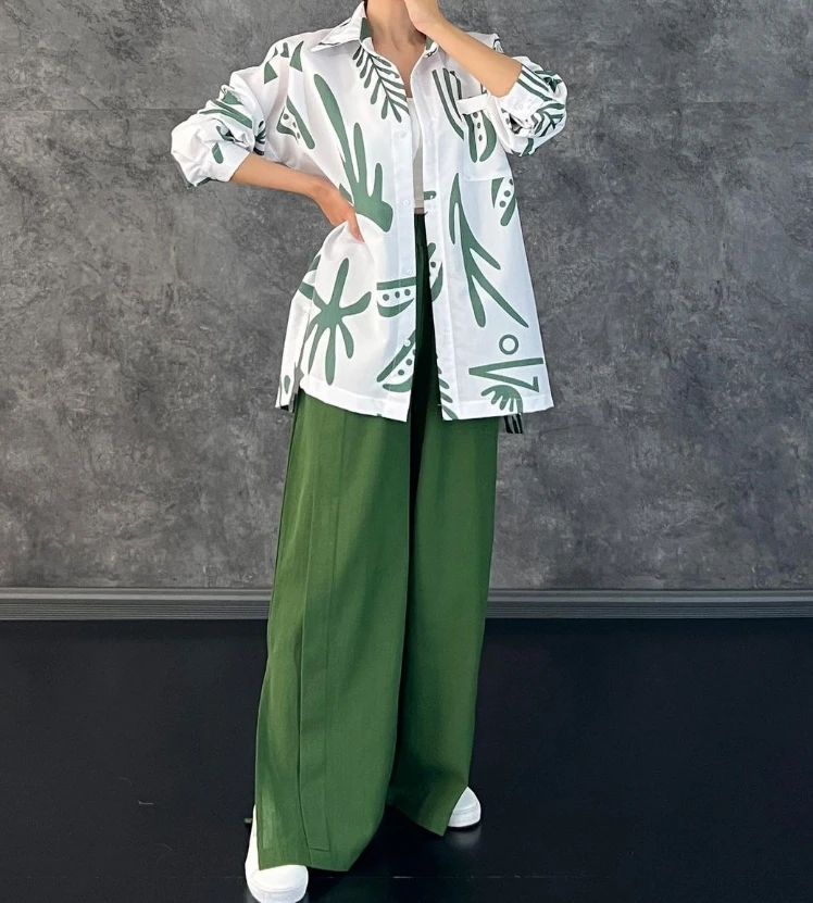 Pants Set Women 2 Piece New Casual Fashion Leisure Long Sleeved Printed Shirt and Loose High Waisted Split Wide Leg Pants Set