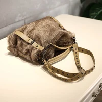 Women Soft Plush Hand Bag New Winter Camel Rivets Large Capacity Tote Bags Female Underarm Bags Faux Fur Shoulder Crossbody Bag - Image 4