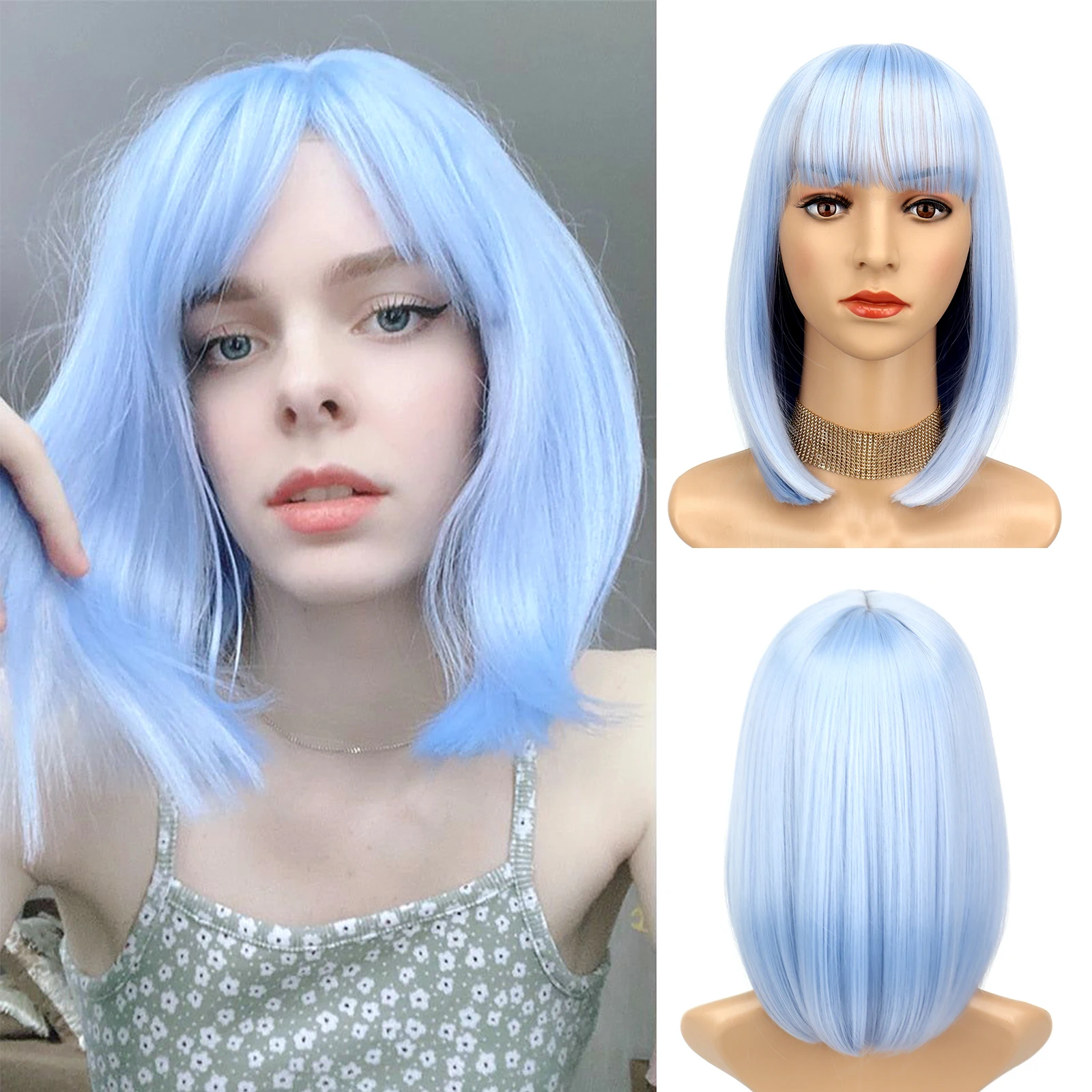 

Short Straight Hair Women Synthetic Wig Blue Bob Wigs With Bangs Daily Wear Thermally Resistant Fibre Cosplay Party Wigs