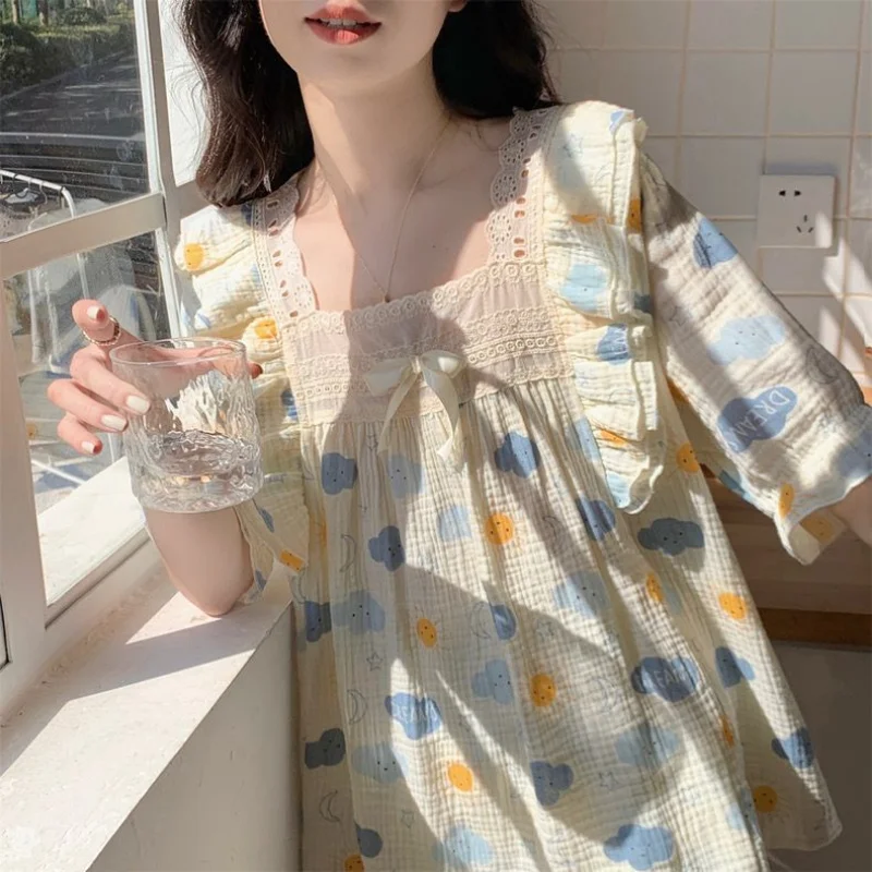 여성용 루즈한 클라우드 프린트 파자마 세트, 달콤한 러플, 올 매치 소녀 잠옷, 가정 얼짱, 캐주얼 학생, 공주 여름