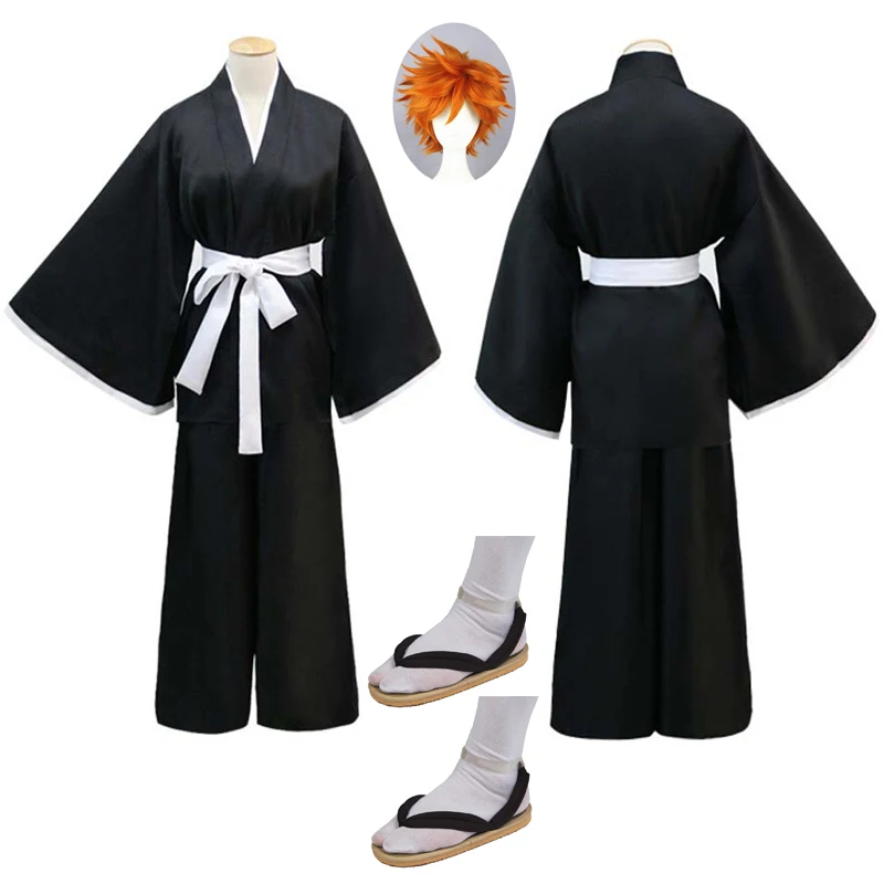 

Anime Costume Kurosaki ichigo Cosplay For Men Japanese Black Kimono Adult Halloween Carnival Full Suit Wig Shoes Belt Set