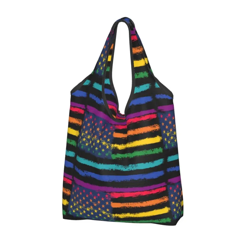 

Recycling LGBT Gay Pride Rainbow American Flag Shopping Bag Women Tote Bag Portable Grocery Shopper Bags