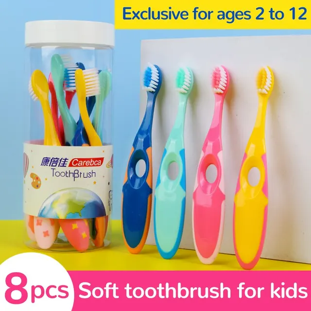 Brosse à dents à poils souples pour enfants, brosse à dents pour bébé de 2 à 12 ans, paquet de 8 pièces, E27, brosse à dents pour enfants 1