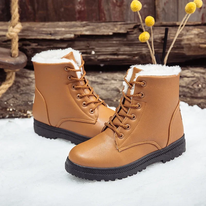 

Plus Size 35-44 Short Boots For Women Office Shoes PU Winter Keep Warm Plush Flats Shoes Woman Ankle Booties Female Casual Boots