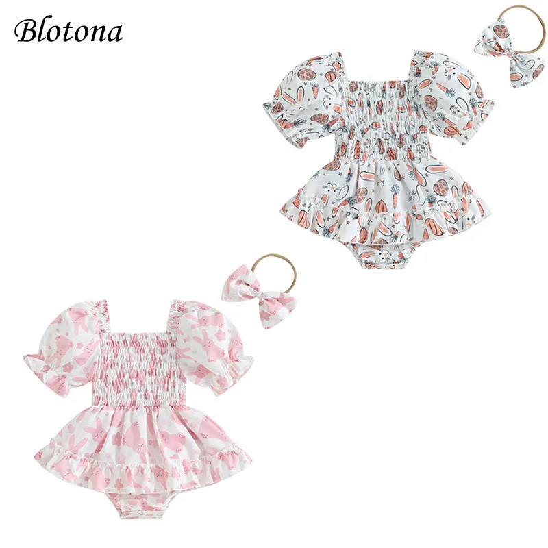 

Пасхальный наряд для маленьких девочек Blotona, с коротким рукавом и открытыми плечами, с принтом кролика, ТРАПЕЦИЕВИДНОЕ ПЛАТЬЕ-комбинезон с бантом и повязкой на голову, одежда для 0-18 месяцев