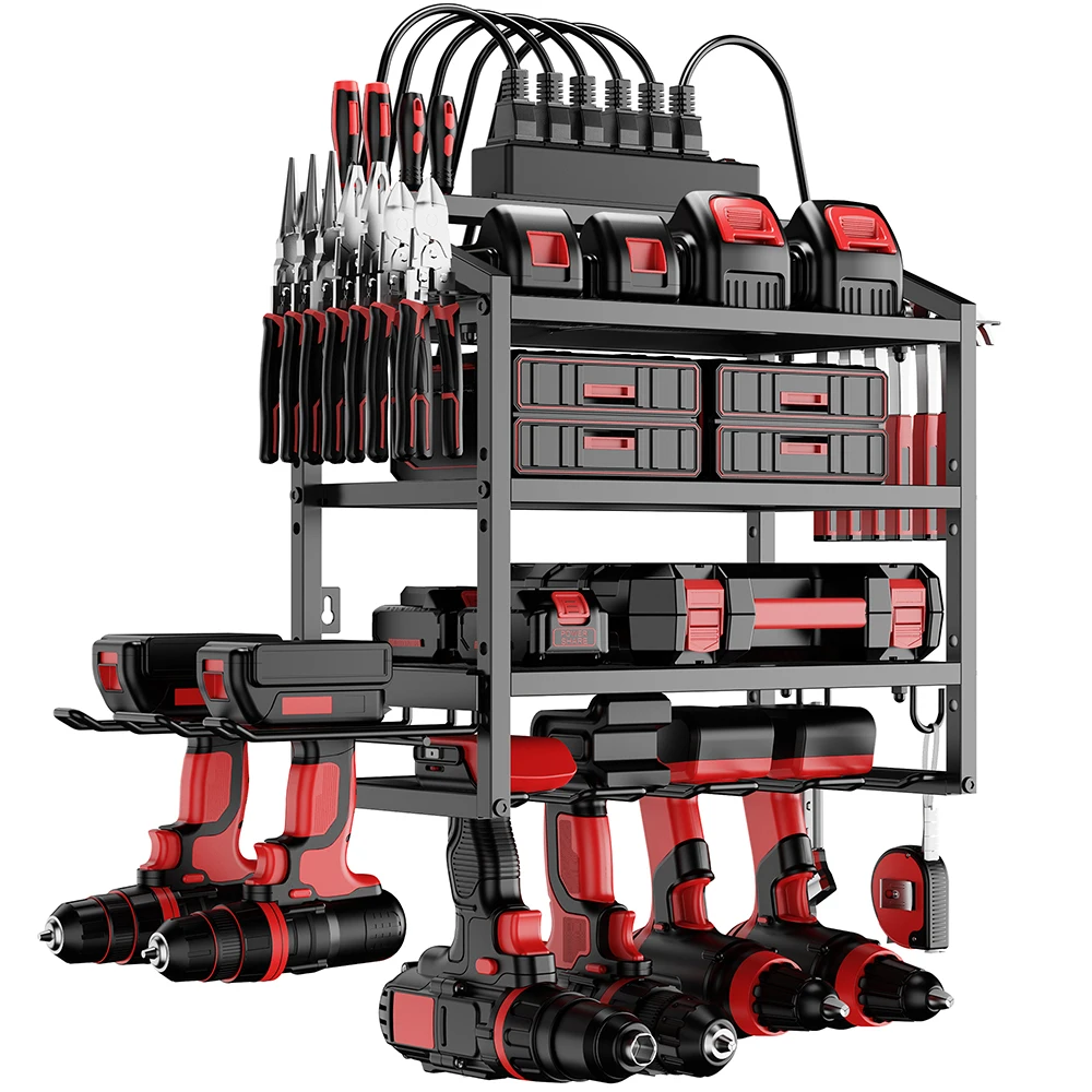 FZCSPEEDPower Tool Organizer Wall Mounted with Charging Station, 4 Tiers Storage Racks, 6 Drill Bit Storage Slot Racks
