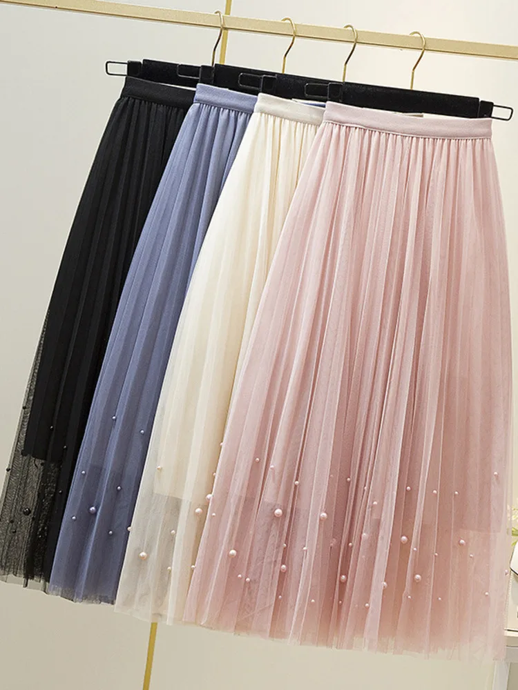 

Fashion Women High Waist Pleated Skirt Elastic Waist A-line Solid Color Vinatge Harajuku Daily Clothing Spring Summer