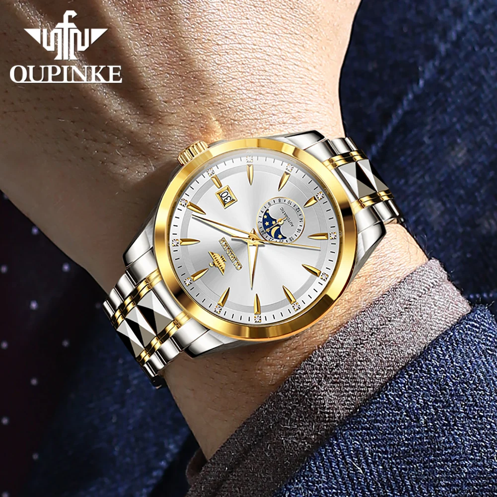 OUPINKE 3292 Moon Phase Luxury Original Men's Watches Fully Automatic Mechanical Watch 50m Waterproof Sapphire Top Watch for Man