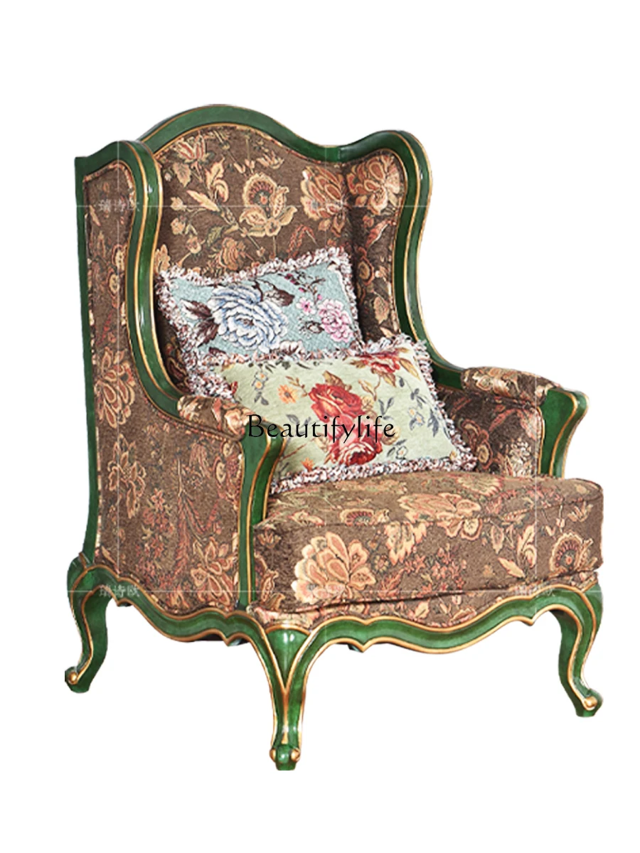

American Country Single-Seat Sofa Chair Solid Wood Living Room Vintage Emerald Backrest Distressed Casual Chair