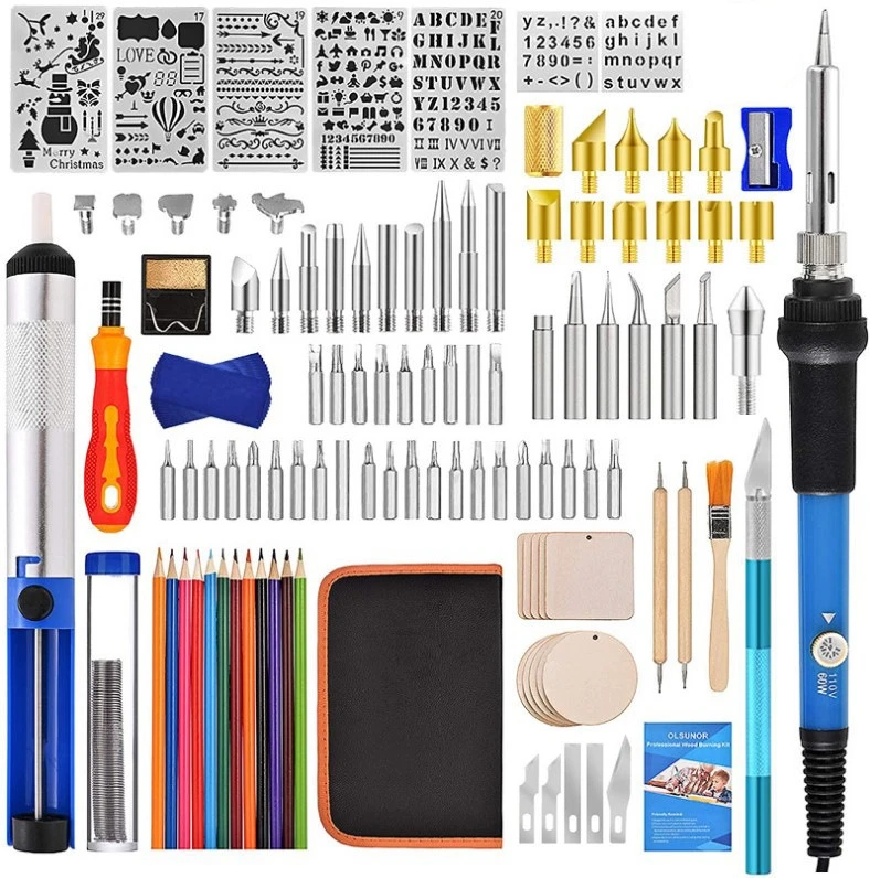 electric soldering iron 120 Pieces Pyrography Carving Tool Kit 60W Electric Soldering Iron with Color Pen Digital Letter Printing Template hot air rework station