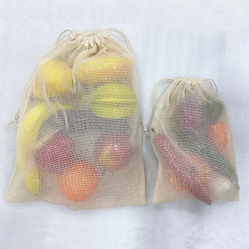 재사용 가능한 면 메쉬 생산 가방, 야채 과일 식품 주방용, 세척 가능한 그리드 보관 가방, 에코 스트링 가방, 주방 정리함