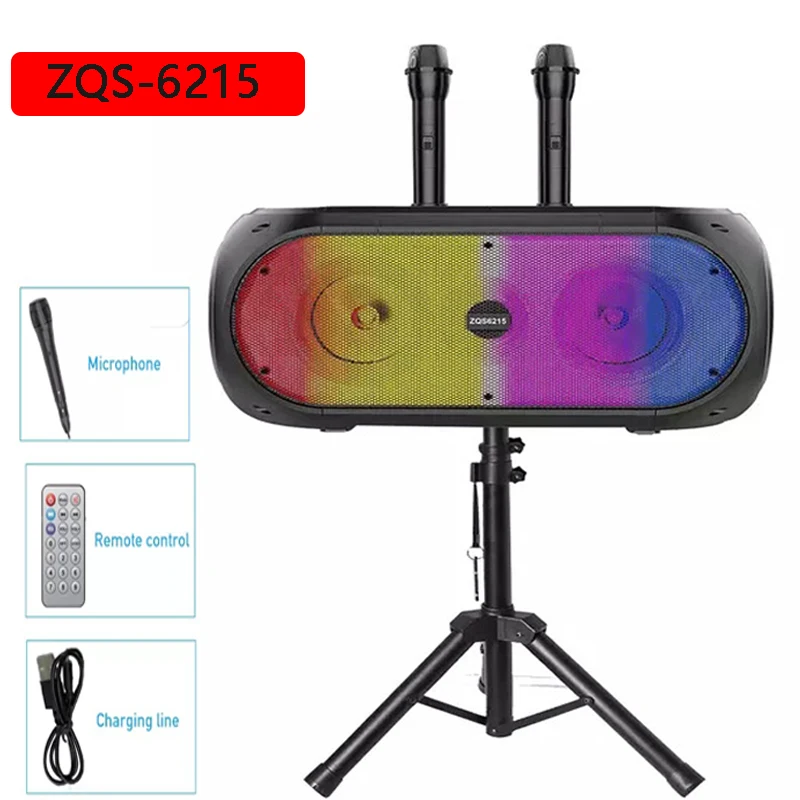 

ZQS-6215Dual 6.5 Inch Wireless Bluetooth Speakers Outdoor Karaoke Portable Subwoofer Bracket Ksong Magic Home with microphone FM