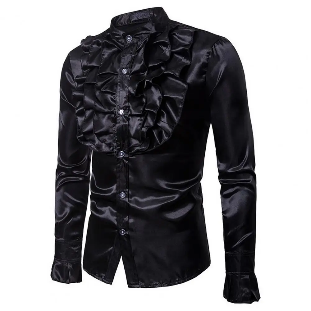 

Soft Cozy Men Top Vintage Men's Formal Shirt with Ruffle Stand Collar Elegant Button Closure Long Sleeves Stage Performance