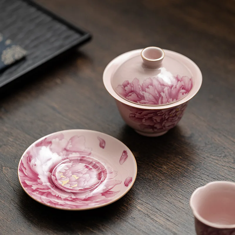 Peony Ru Yao Porcelain Gaiwan Set For Tea Tureen Teaware Cup Chinese Pink Ceramic Opening Tea Bowls Chawan Ceramony Lily