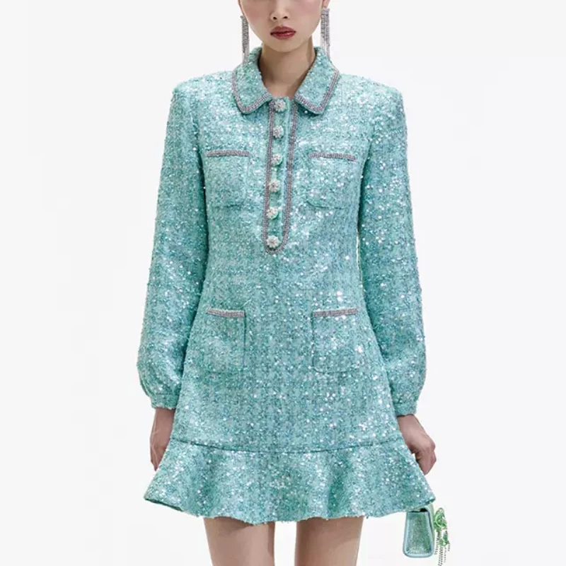 

Женское твидовое мини-платье, однобортное платье с длинным рукавом, украшенное стразами, с оборками и карманами, весна 2024