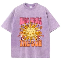 Oversize Women's Washed T-Shirt Cotton Here Comes The Sun Prints T Shirts Casual O-Neck Short Sleeve Tops Loose Women's Clothes - Image 3