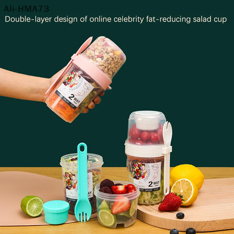 HMA73-Breakfast Fruit Oat Yogurt Salad Cup With Lid And Spoon Two-layers Food Storage Bento Box Fitness Fat-Reduced Taper Bowl