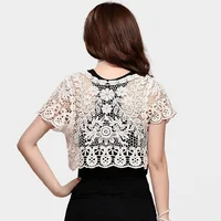 Women Short Sleeve Crochet Shrugs Hollow Out Flower Lace Open Front Cropped Cardigan Sunscreen Jacket Sport Running Vest 2
