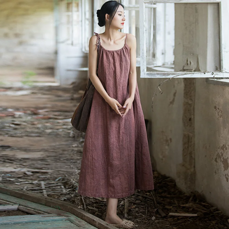 

NINI WONDERLAND 2023 Women Ramie Cotton Tie Dyeing Vitnage Long Slip Dress Loose Summer Sleeveless Spaghetti Strap Casual Dress
