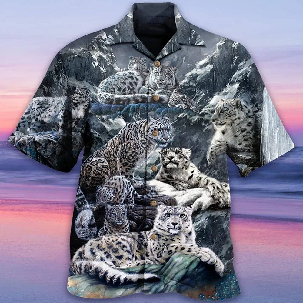 

New Hawaiian Shirt Men 3D Printed Snow Leopard Cool Hip Hop Beach Summer Tops Cuban Style Oversize Shirts Button Men's Clothing