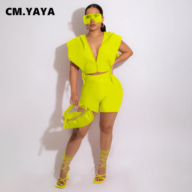 CM.YAYA Elegant Women's Two 2piece Set for 2022 Summer Solid Short Sleeve  Shirt and Shorts Matching Set Fitness Tracksuit Outfit