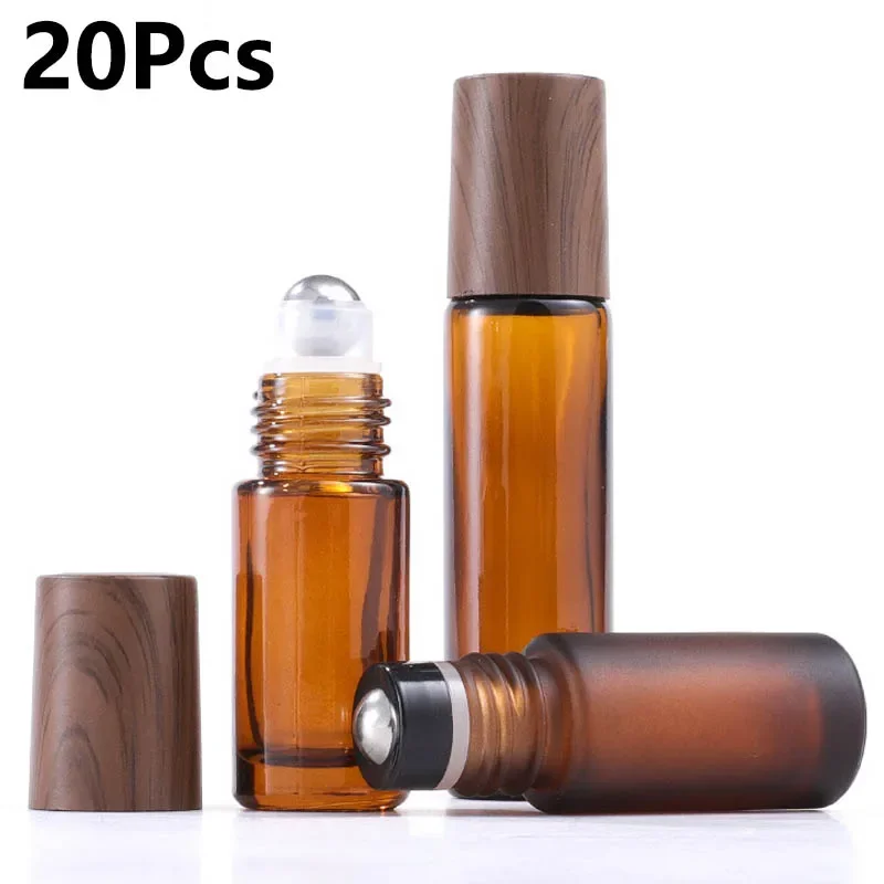 

20Pcs 5/10/15ml Brown Glass Roller Bottles With Wood Grain Lids Refillable Oil Essential Containers Portable Travel Accessories