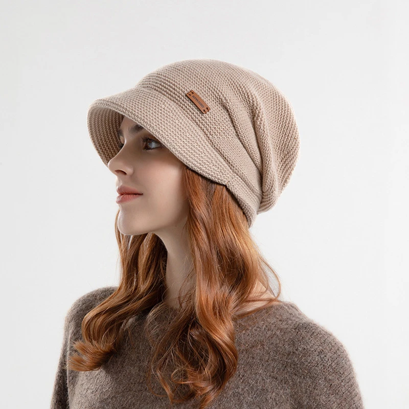 

New Winter Knitted Beanies Hat Women Outdoor Windproof Velvet Lining Warm Hats Fashion Solid Color Ladise Wide-brimmed Cap