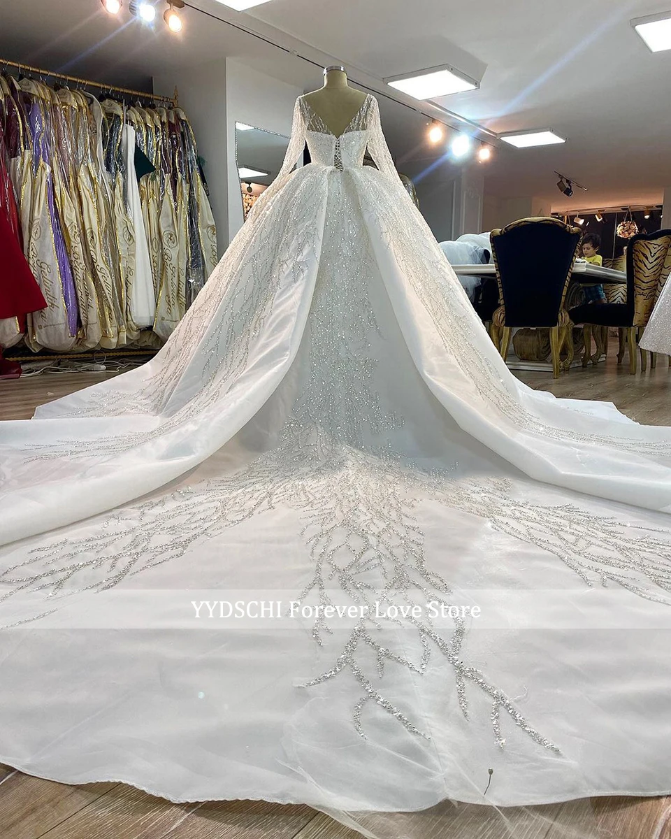 Maßgeschneidertes Luxus-Ballkleid mit V-Ausschnitt, Hochzeitskleid 2026, Funkelnde Spitze mit Pailletten, Brautkleid mit Schleppe, Vestidos De Novia – Detail 4