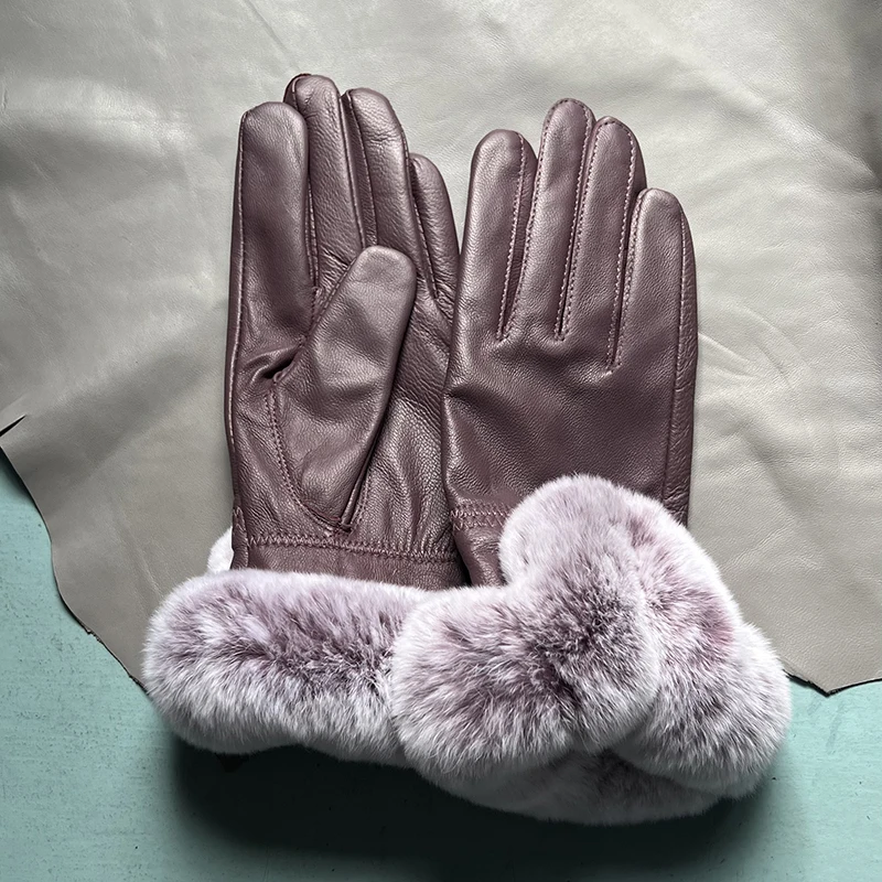 Autumn winter women's genuine leather gloves 100% real rex rabbit fur genuine sheepskin mittens black red blue pink