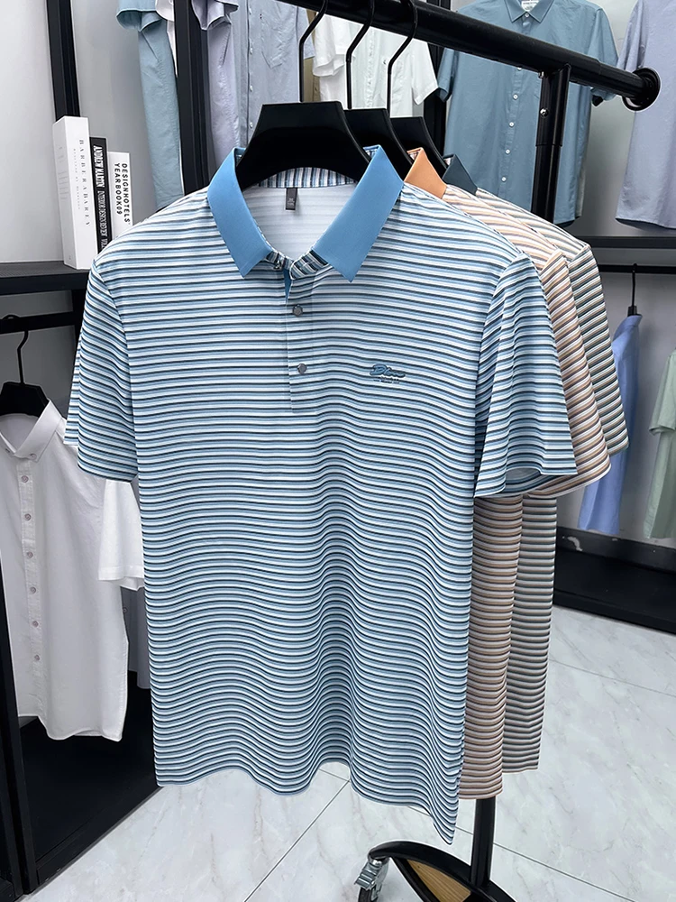 Fashion stripe color blocked men short sleeve polo shirt summer new trend brand embossed silky smooth breathable casual T-shirt 10 Se553f0667aa3459a856c5a3e6e62edd2y