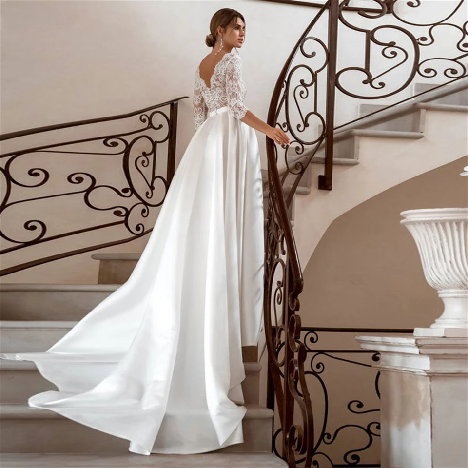 Elegant Deep V-Neck Satin Lace Button Wedding Dresses For Woman 2024 Ball Gown Court Train Bridal Gowns vestidos de novia