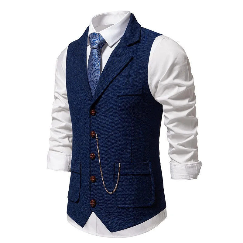 Men's Suit Vest Fashion Turn-Down Collar Pockets Suit Vests England Style Smart Casual Vintage Gentleman Leisure Party Waistcoat 5