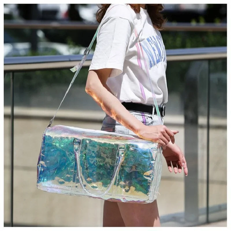 Colorful Bright Travel Bag Summer Women's Beach Handbag Leisure Fitness Swim Gym Bag Clear Jelly Portable Laser Transparent Tote 4