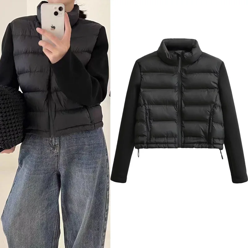 

TRAF Black Cool Combination Warm Jacket Women Fall/Winter Korean Style High Collar Long Sleeve Tops Drawstring Hem Thicken Coats