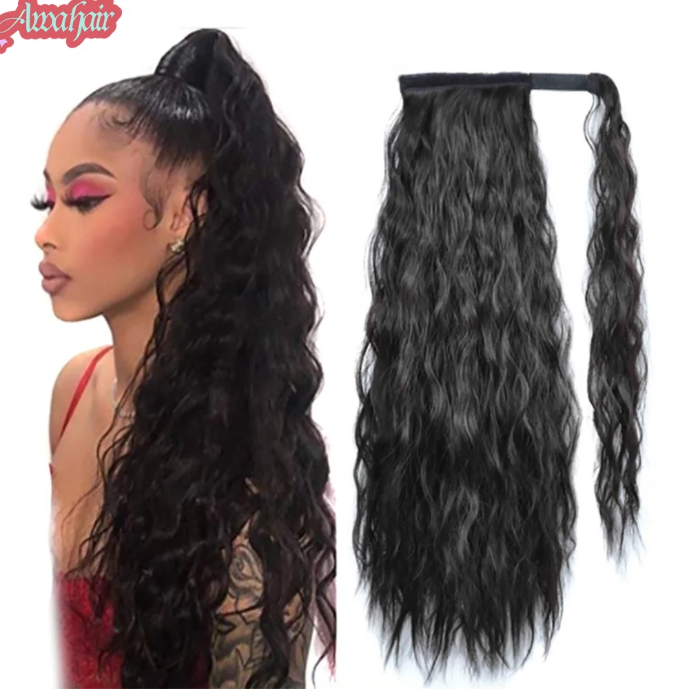 

Awahair Synthetic Corn Wavy Long Ponytail Hairpiece Wrap on Clip Hair Extensions Ombre Brown Pony Tail Blonde Fack Hair