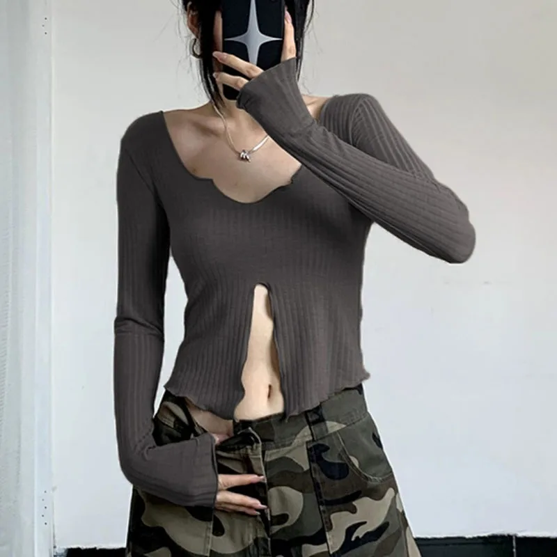 

Y2K Vintage T-shirt Solid Color Long Sleeve Knit Pullover Sexy V-Neck Slim Crop Top Sweet Streetwear Aesthetic Women Basics Tees