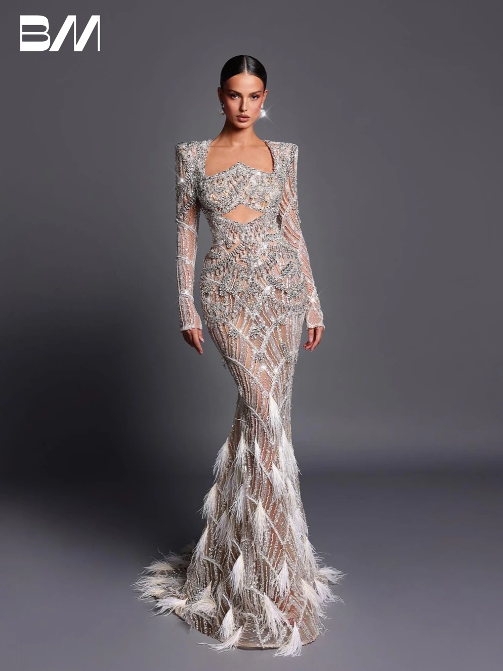 

Luxury Sliver Mermaid Evening Gown Illusion Cut Out Prom Dresses Celebrity Beading Sequins Feathers Dress Robe De Soriee