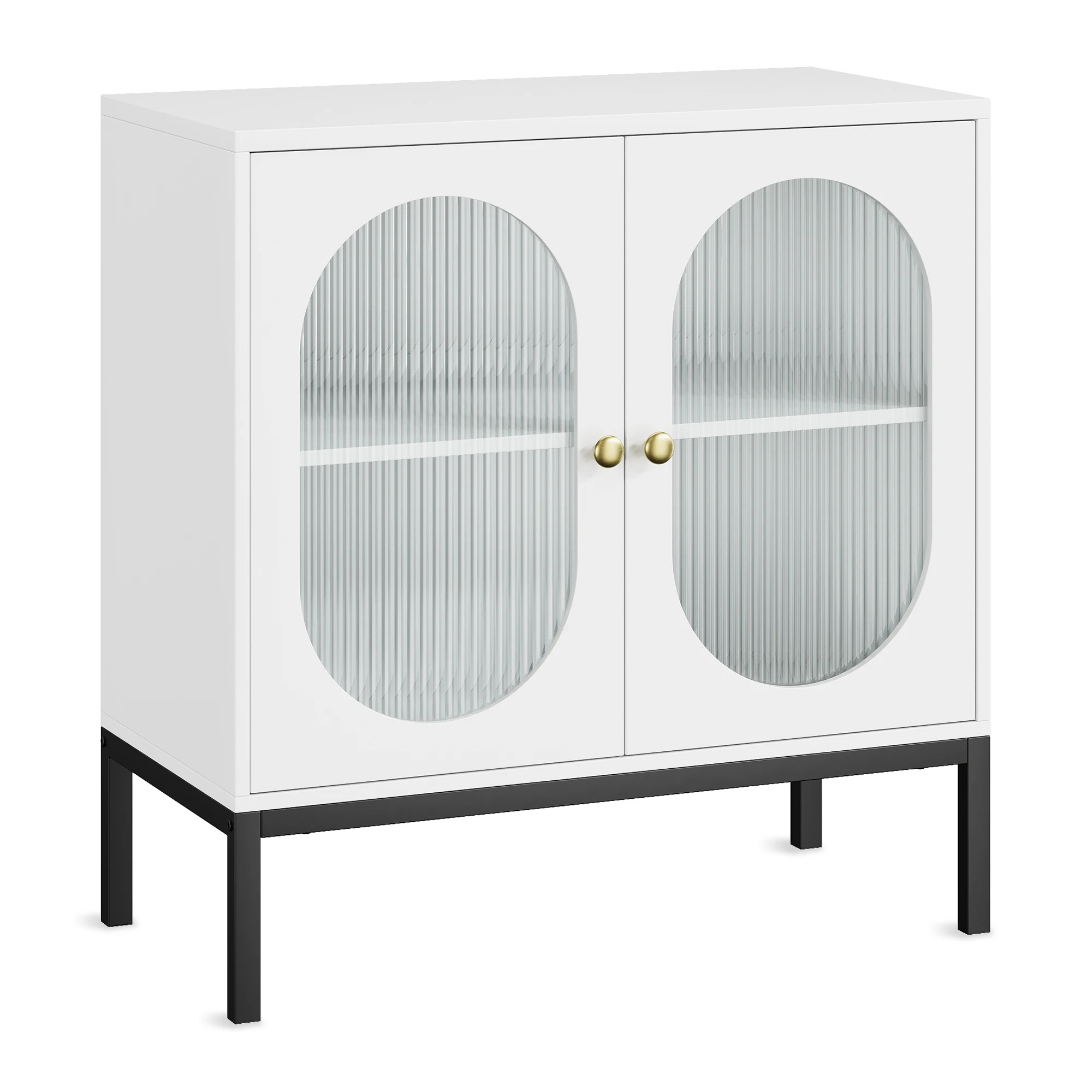 Freistehender Sideboard-Schrank mit 2 Flügeltüren aus geriffeltem Glas, Aufbewahrungsschrank mit verstellbarem Regal für Wohnzimmer und Esszimmer – Detail 1