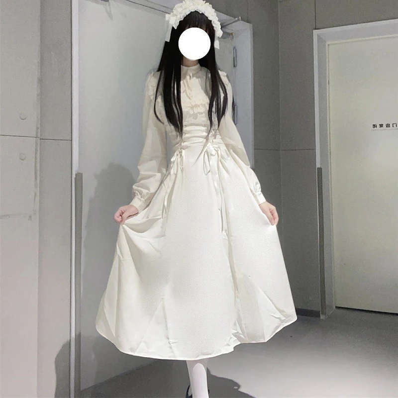Abito francese elegante in pizzo a maniche lunghe da donna Abiti patchwork a vita alta Lolita Fashion Kawaii Nuovi abiti con lacci femminili - immagine 6