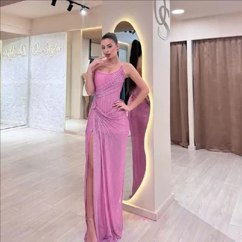 Customized Pink Party Dresses Floor-Length Prom Dress Sequin Side Slit robes de soirée Strapless Backless Sleeveless 2025