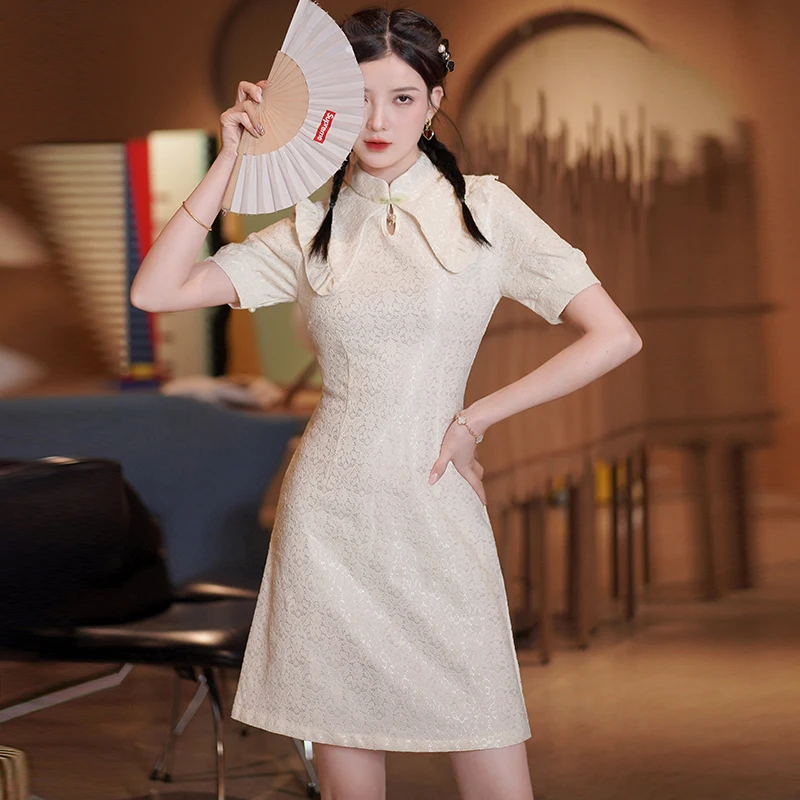 

Lace Short Sleeve Improved Cheongsam Summer New Slim Young New Traditional Chinese Short Qipao Dress