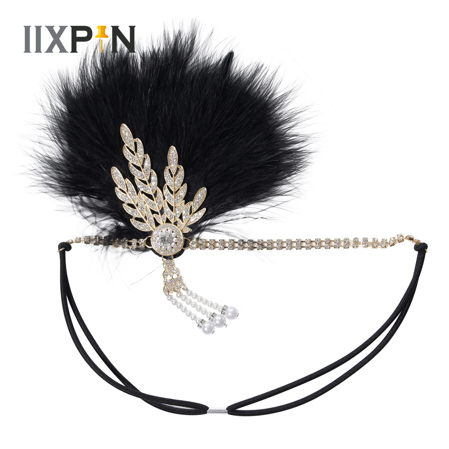 

Vintage Prom Headband Black Alloy Ostrich Feather Hair Band Pearl Rhinestone Headband for Halloween Cosplay Party Dress-up