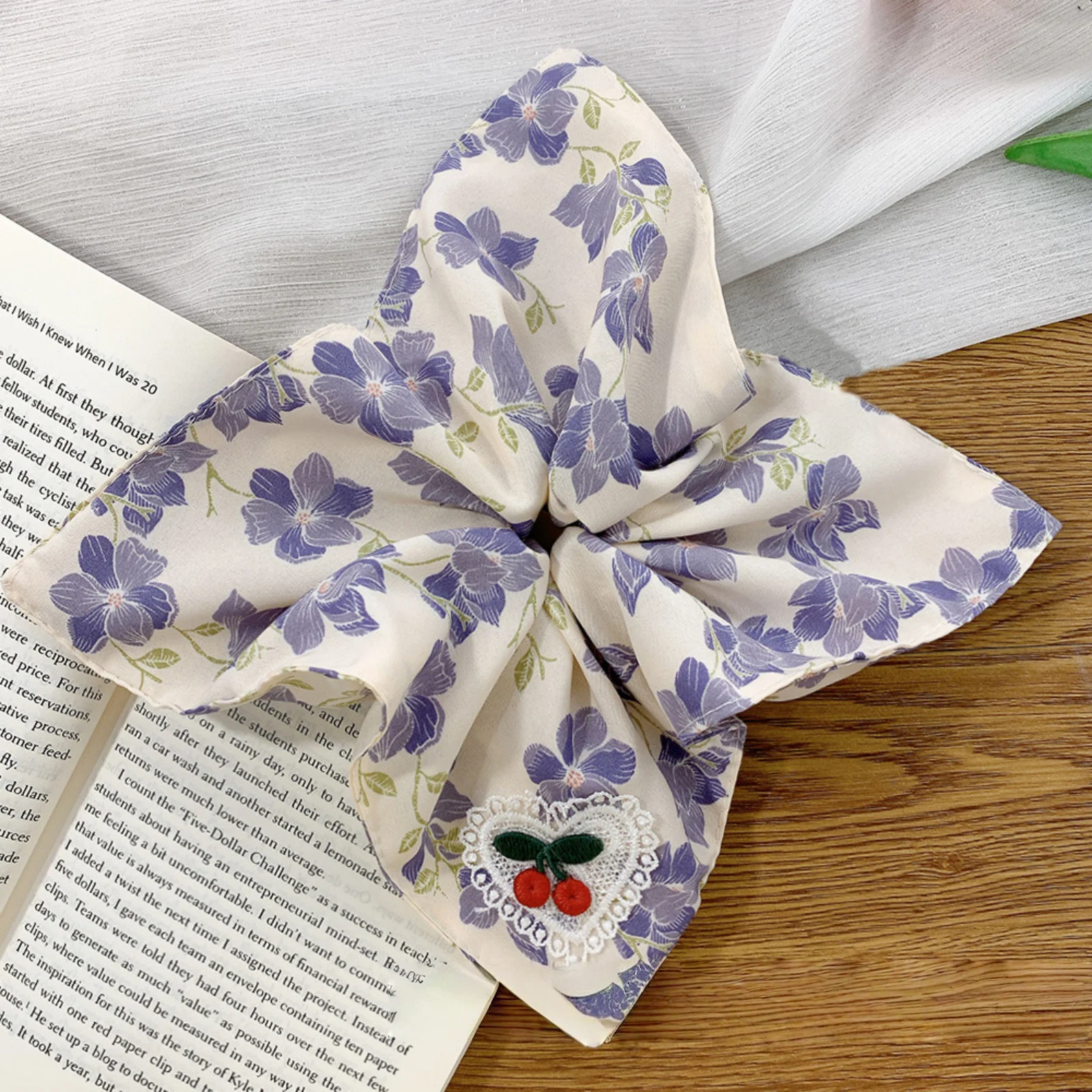 1PC Floral Print Hair Scrunchie With Cherry Lace Patch, Sweet And Elegant Hair Accessory For Women
