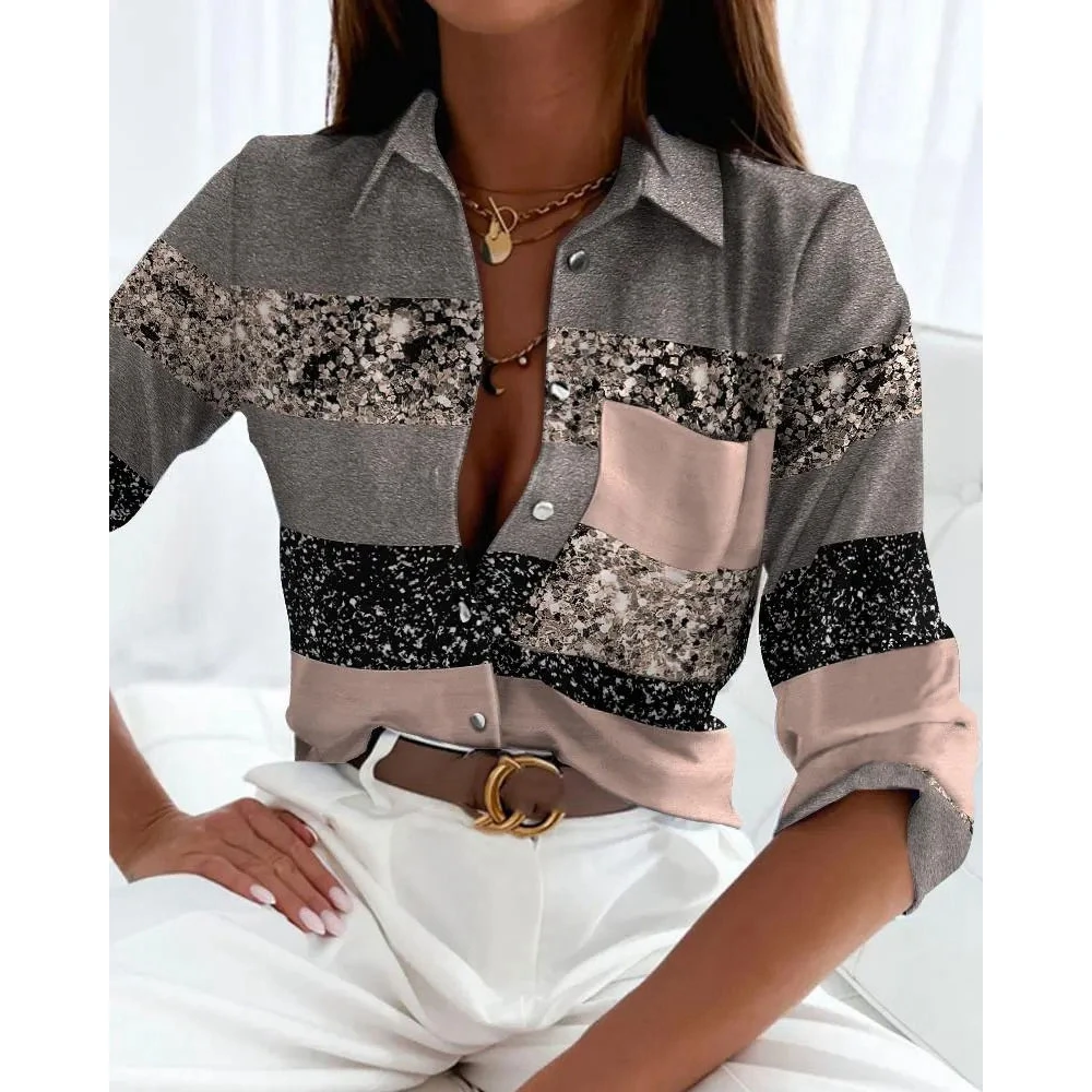 Women Striped Colorblock Long Sleeve Blouse Female Turn-down Collar Casual Shirts 2023 Autumn Elegant Outfits Korean Style twotwinstyle colorblock patchwork pocket jeans for women high waist spliced button streetwear straight pants female fashion new