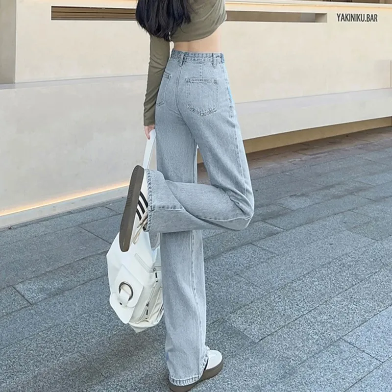 여성용 데님 청바지 디자인 와이드 레그, 느슨한 스트레이트 허리 조절 가능, 단추 패션 브랜드, 신상품 바지