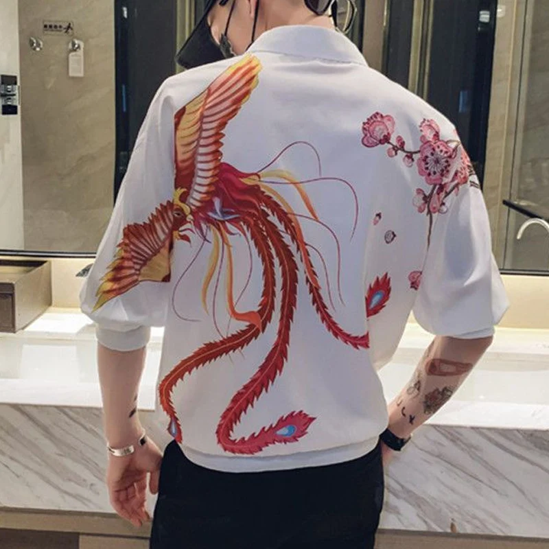 Summer New Turn-down Collar Fashion Three Quarter Shirt Man High Street Casual Loose Button Blouse Personality Printing Tops