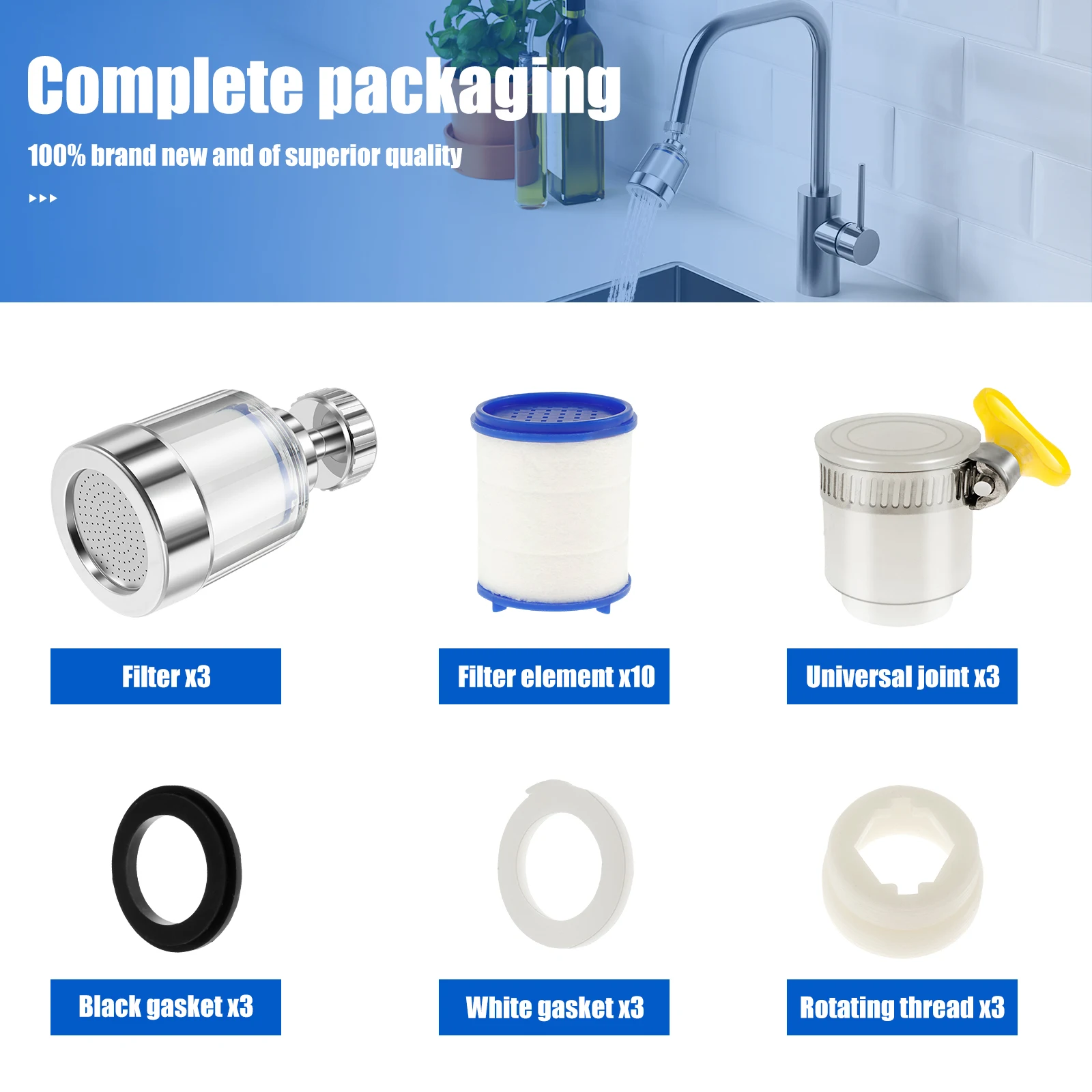 Description Picture 2 of item3-9Pcs Universal Faucet Water Filter Stainless Steel Sink Water Filter 360° Rotating Versatile Sink Filter for Kitchen Bathroom