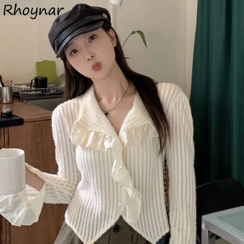 Solid Striped Shirt Women Single Breasted Long Flare Sleeve V-neck Lace Decoration Loose Slim Sweet Korean Style Ruffles Design