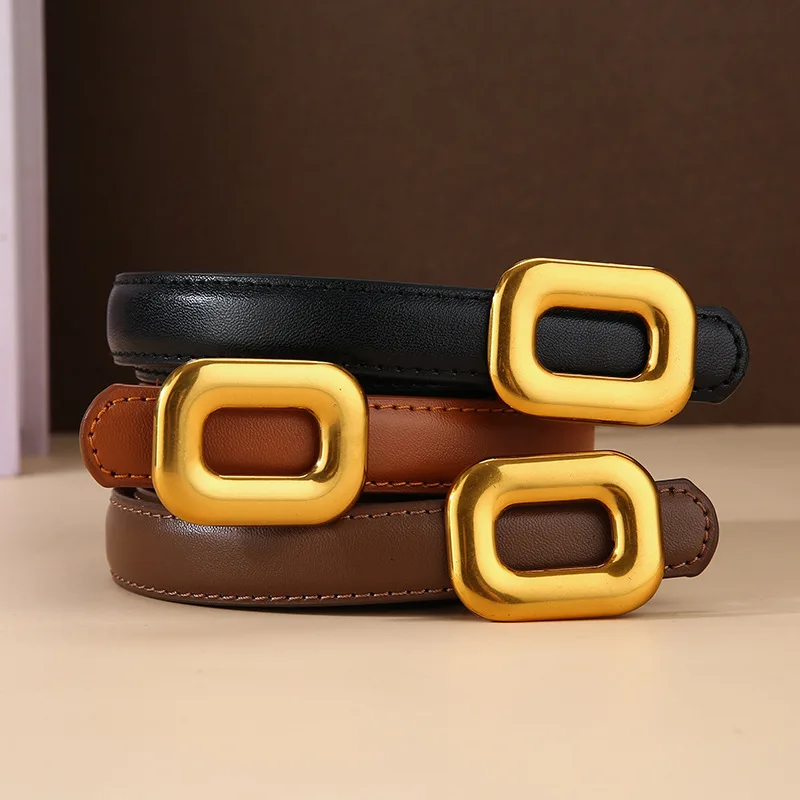 Retro Craft Leather Square Buckle Cowhide Thin Leather Belt Korean Ins Simple Fashion Belt with Pants Dress Decorative Belt